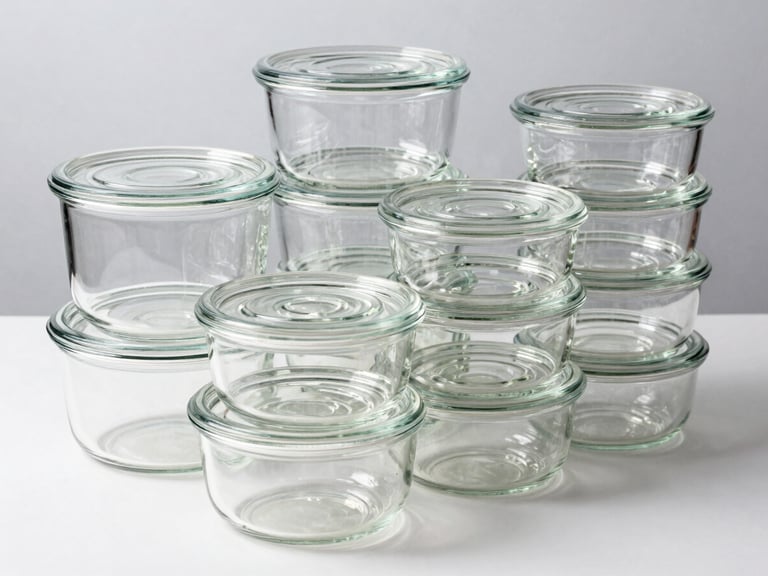 Crisp studio shot of organized stack of transparent glass storage jars and food containers on a clean white surface, bright morning daylight, sharp reflections