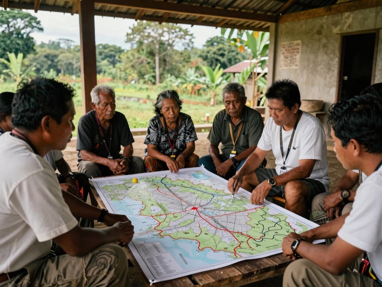 A technical mapping session in a village hall, indigenous Papuan elders and researchers looking at a large printed map of Mimika forest boundaries, natural light, documentary style.