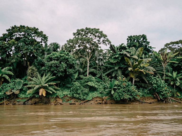 Wide environmental landscape of Mimika forest and river, soft natural overcast daylight, documentary style photography