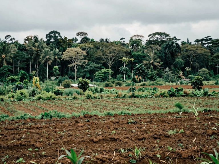 Wide environmental landscape of Mimika forest and custom farmland, natural overcast daylight, documentary photography style, rich earthy greens