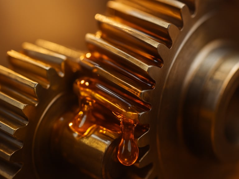 Macro close-up of amber lubricant oil clinging to clean high-speed steel gears, warm studio lighting, shallow depth of field