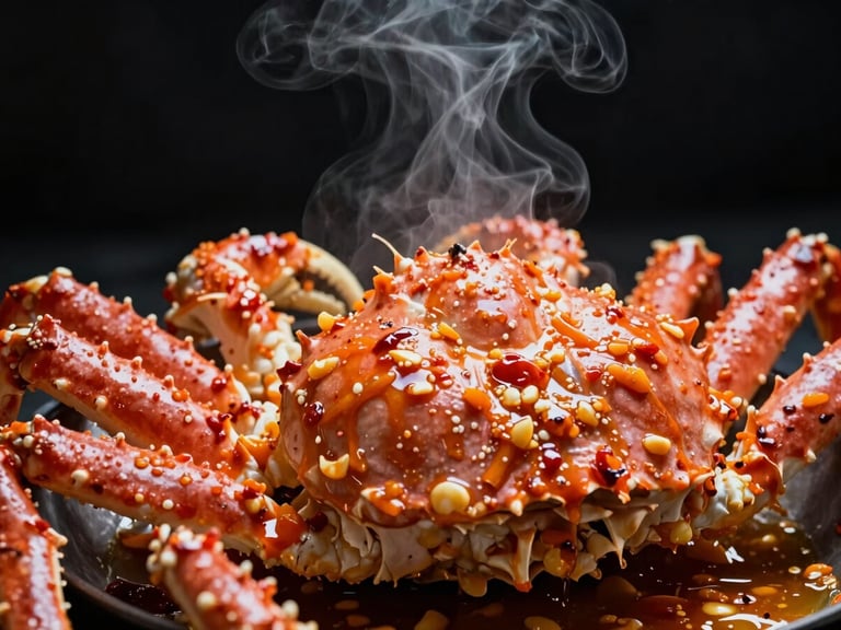 Close-up of a massive cracked king crab leg dripping with orange chili oil and garlic sauce, steam rising, dark background, 35mm