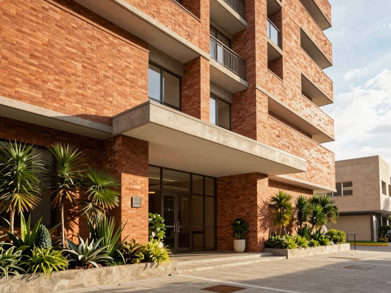 Bright natural afternoon light architectural shot of the clean modern entrance lobby of a residential tower in Bogota, warm clay bricks, green gardens