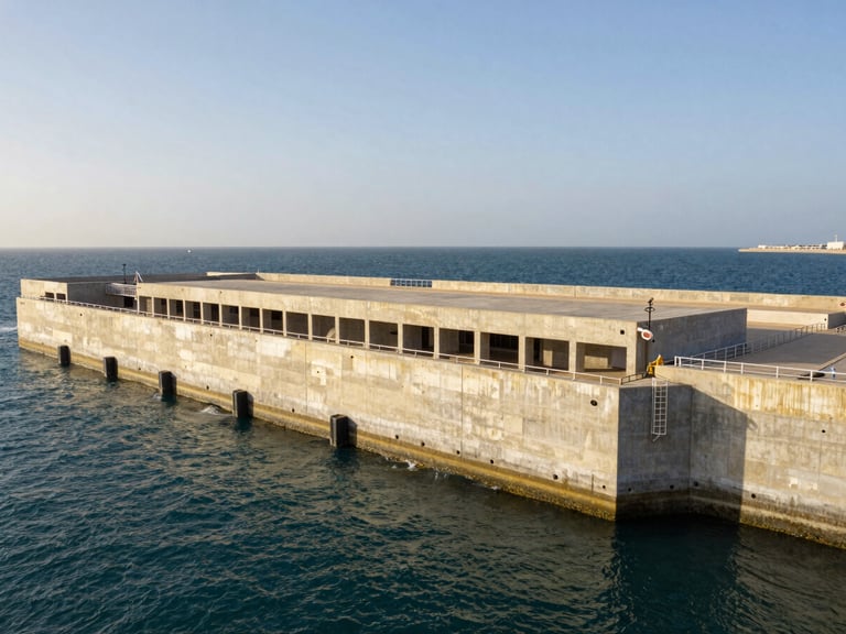 Wide-angle architectural photograph of a massive concrete marine terminal under bright Abu Dhabi daylight, sharp structural geometry, deep navy waters