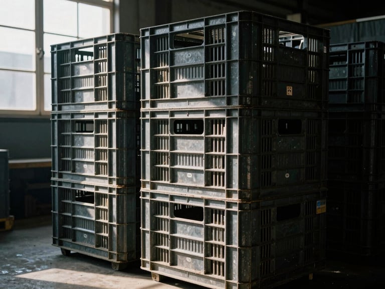 Stacked heavy-duty corrugated shipping crates on a factory floor, dramatic side lighting, industrial scale, 35mm