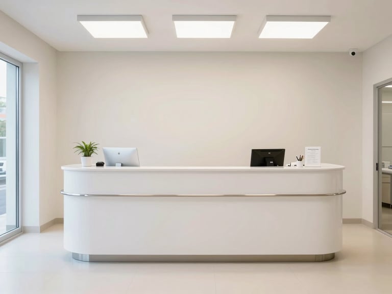 Straight-on medium shot of a clean, modern dental clinic reception area, bright neutral lighting, organized and professional