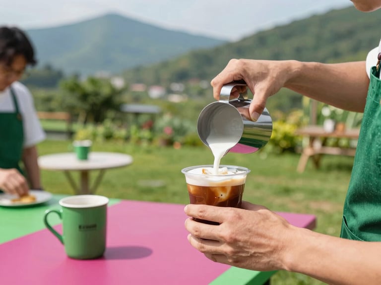 An outdoor barista workshop in a lush green social garden, hands pouring milk into a cold brew cup, bright daylight, mountain green accents