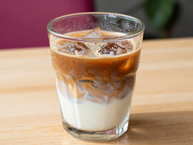 Tight macro shot of a condensation-covered glass of cold brew coffee with swirling milk, sitting on a bright wooden table in warm afternoon daylight, shallow depth of field.