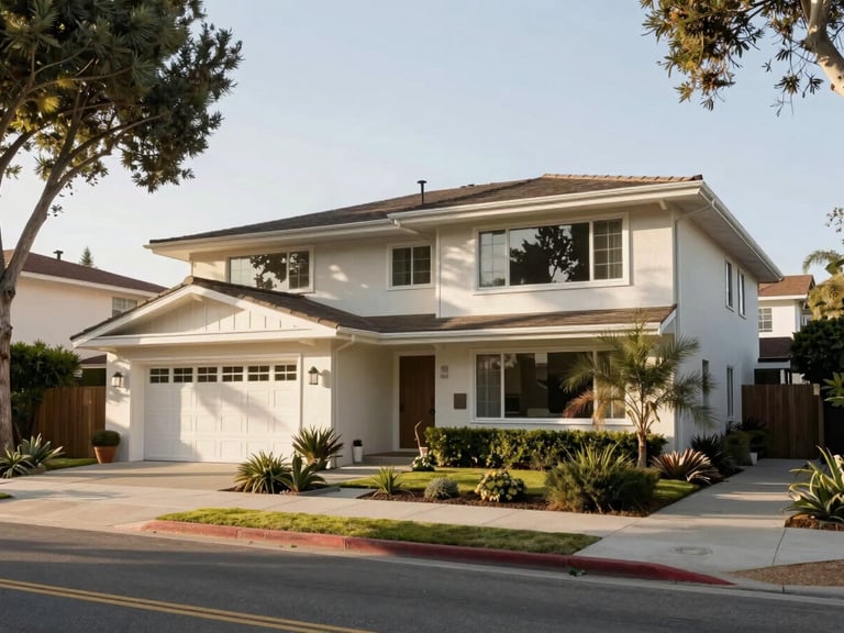 Quiet tree-lined street in Arcadia with a classic mid-century home exterior, soft natural afternoon sunlight, editorial real estate photography.