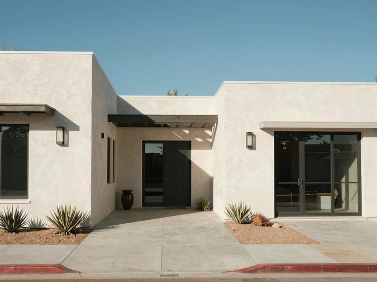 Sun-drenched modern California residence with clean stucco walls and desert landscaping, bright natural light, architectural 35mm photography.