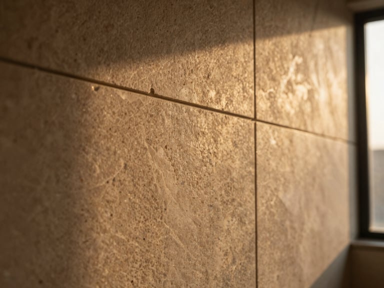 Tight macro detail of a textured PU stone panel, warm golden hour light, subtle architectural accent lighting, stone veins, deep shadows, warm editorial interior photography, shallow depth of field, 35mm
