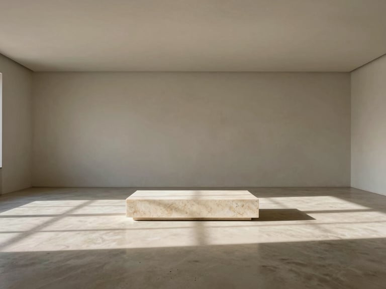 Wide panoramic view of an empty, sun-drenched minimalist room in Lisbon, high ceilings, microcement floor, soft shadows casting on a single travertine plinth.