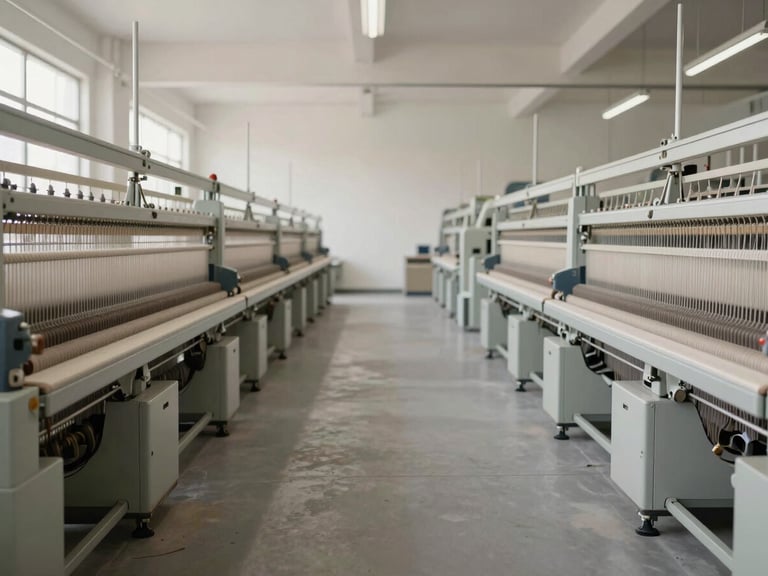 Symmetrical wide-angle view of a clean, modern textile mill floor with high-capacity spinning machines, soft diffused natural light, neutral tones