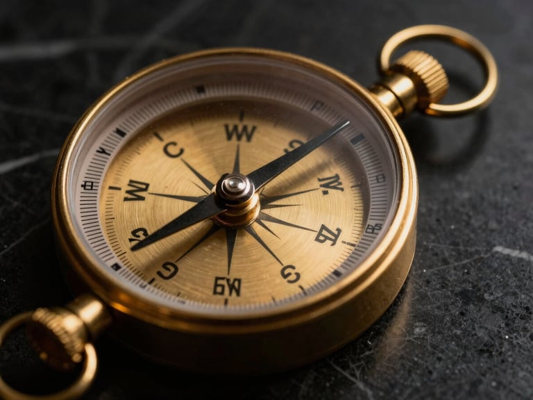 Extreme macro detail of a gold-plated compass dial resting on black marble, dramatic low-key lighting, brushed gold accents, sharp architectural focus, 35mm.