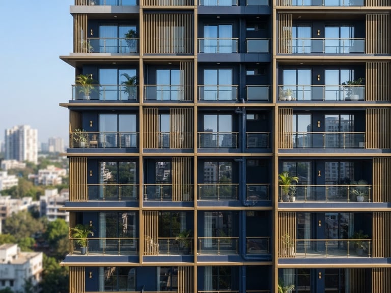 Architectural detail of a modern residential tower facade in Borivali West, crisp natural daylight, navy and warm brass tones, sharp focus, 35mm