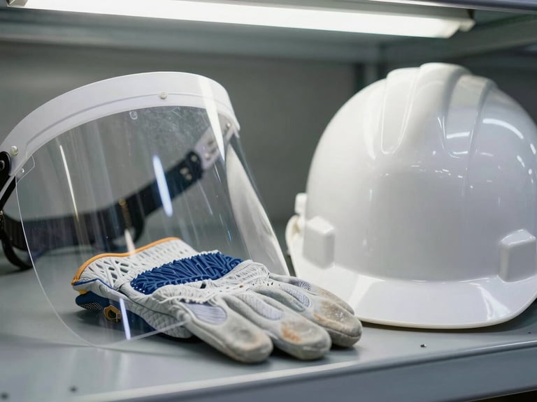 Extreme close-up macro shot of safety gloves laid beside a polycarbonate face shield and a white hard hat on a grey metal shelf, fluorescent warehouse light above, overhead angle showing product surface texture and strap hardware detail, no hands, no people