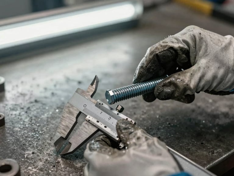 Close-up of a technician's hands holding a hex bolt against a steel caliper on a worn metal workbench, fluorescent warehouse light from above, bolt threads in sharp focus, grease-stained gloves visible at the edge of frame, concrete floor blurred in background