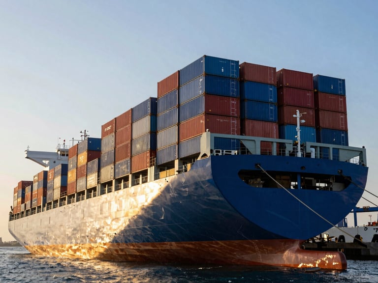 Low-angle heroic shot of a large container ship loaded with blue and red cargo boxes, docked at an Egyptian port during crisp morning light, high-contrast industrial photography