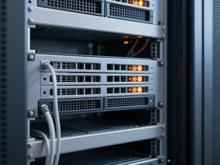 Close-up of neatly organized server racks with immaculate cabling, cool crisp technical lighting, subtle orange glow, 35mm