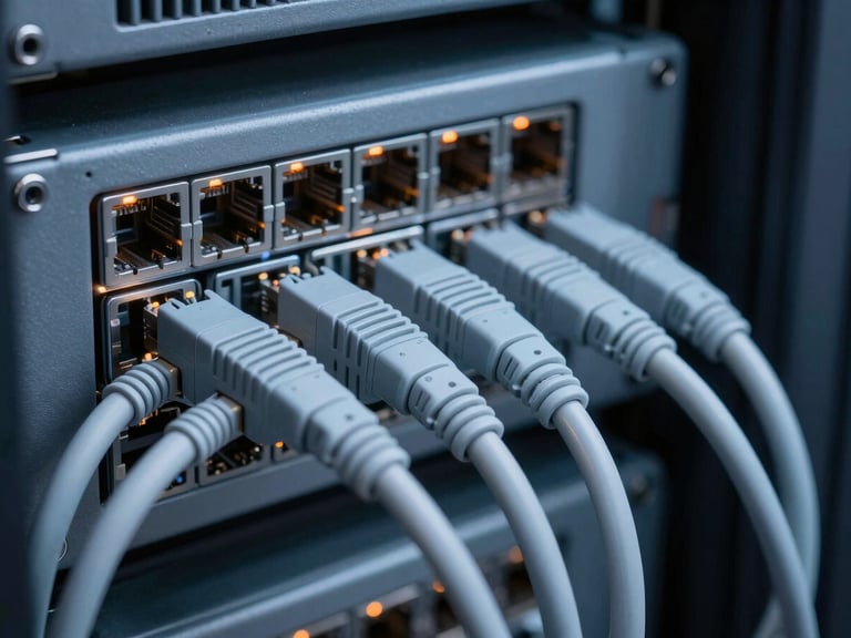 Macro close-up of immaculate network cabling in a server rack, cool slate tones with subtle orange LED indicators, sharp focus, 35mm