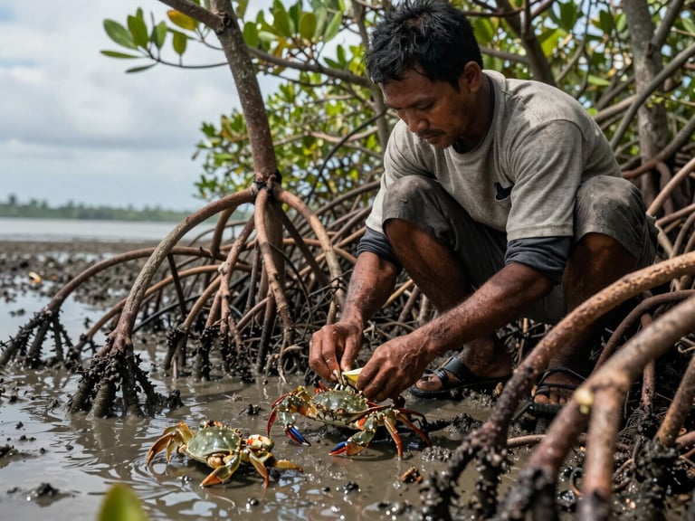 Documentary mid-shot of local West Kalimantan fishers measuring crab catches in the complex mangrove root systems, natural overcast coastal daylight, focus on muddy roots and active hands.