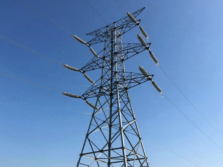 Low-angle heroic shot of a massive steel transmission tower against a crisp blue sky, bright daylight with high contrast, professional industrial photography, sharp focus.
