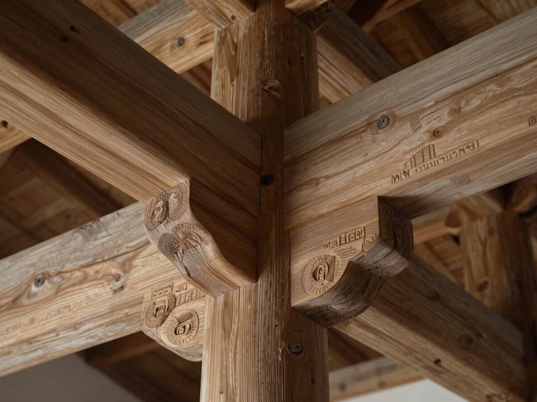 Extreme close-up of ancient hand-carved oak beams interlocking in a vaulted ceiling, soft natural light highlighting the rough-hewn texture and chisel marks.