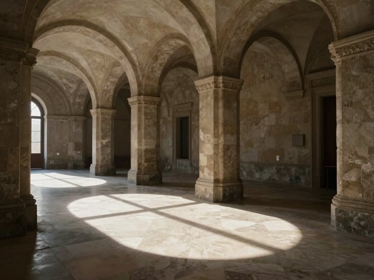 Cinematic interior view of a preserved Renaissance gallery, low-angle sunlight streaming through deep-set stone archways, casting long geometric shadows on honed travertine floors.