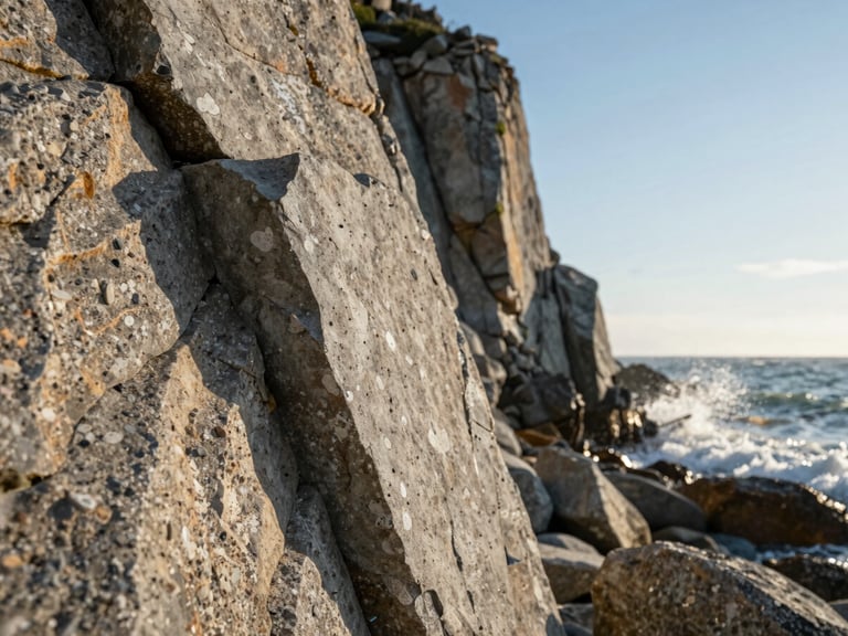 Extreme close-up of raw board-formed concrete meeting natural weathered granite cliffside, dramatic low-angle morning light casting sharp shadows, ocean spray in the background.