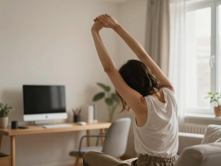 Persona estirándose suavemente en una oficina en casa, luz de día cálida, enfoque en el movimiento fluido.