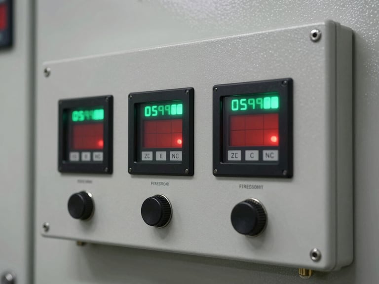 Macro shot of a specialized industrial fire suppression control panel, digital readouts, steel casing, sharp technical focus.