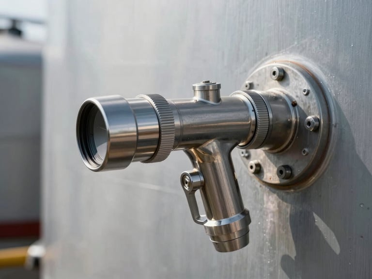 Close-up of a stainless steel foam deluge nozzle installed on an industrial fuel tank, crisp mechanical details.