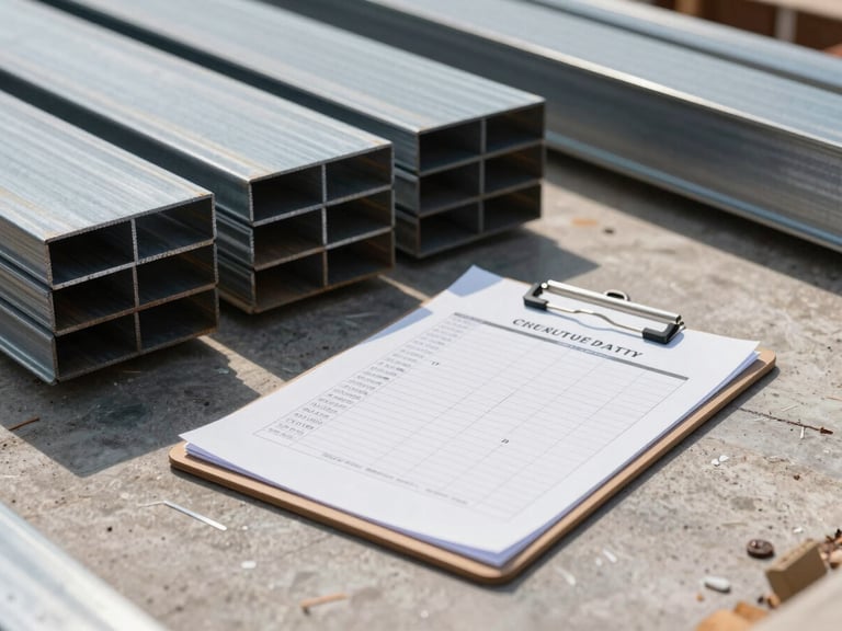 Clean construction site planning session — steel frame project schedule and material list on a clipboard resting on a flat surface, adjacent stacks of precisely cut steel profiles in background, strong natural side light, minimal and orderly, architectural framing