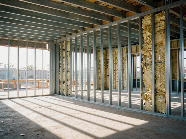 Interior of steel frame building mid-construction — clean wall framing with installed insulation panels visible between steel studs, strong directional window light casting geometric shadow pattern across the floor, precise alignment of all elements, wide environmental angle