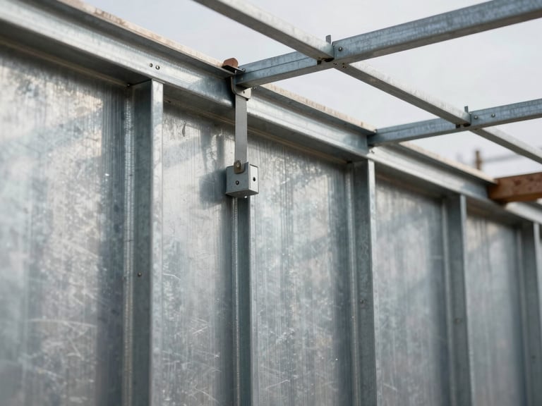 Close-up of galvanized steel frame wall panel being lifted into position on a clean construction site, bright natural light, no debris visible, precise fit of structural members, technical overhead framing angle, graphite and silver metallic tones