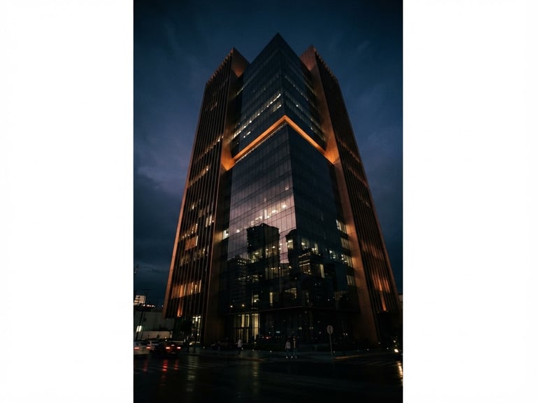 Low-key dramatic editorial photography of a modern commercial skyscraper in León, Guanajuato, sharp reflection on dark glass, deep shadows, bronze tones, 35mm.