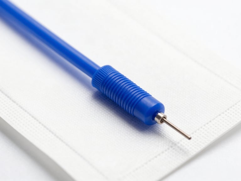 Macro close-up of a high-precision medical micro-catheter inside sterile packaging, clinical medical photography, bright high-key studio lighting, sterile white and deep blue tones, 50mm