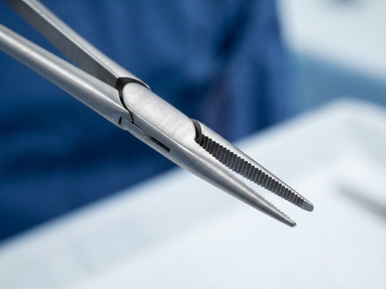 Macro close-up of a sterile titanium surgical instrument tip, bright high-key clinical studio lighting, deep blue and sterile white tones, sharp focus on metallic texture, 50mm