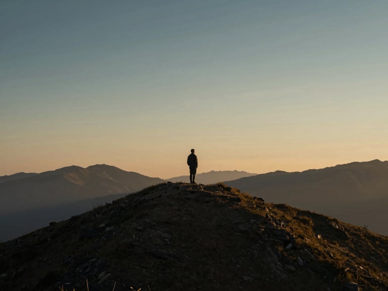 Solitary figure in a contemplative mountain landscape at golden hour, expansive sky, muted navy and gold tones, shallow depth of field, 35mm.