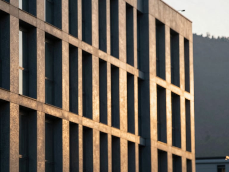 Clean, modern architectural detail of a structured building facade at golden hour, muted navy and gold tones, shallow depth of field, 35mm.