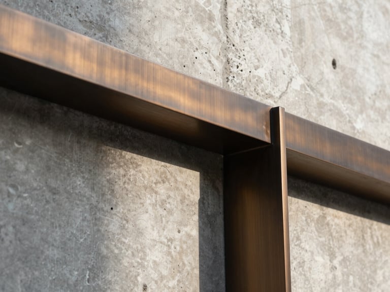 Tight abstract crop of an architectural junction, brushed bronze metal meeting raw exposed concrete, natural diffused daylight, high-contrast shadows emphasizing texture.