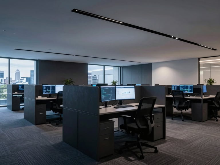 Wide architectural shot of a modern, clean, dark-toned tech office workspace in Buenos Aires, soft cool blue ambient light, minimal design with screens showing analytical data in the background.