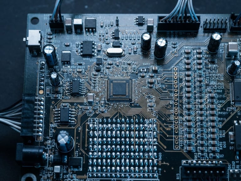 Straight-on technical elevation of a high-density microprocessor control board, cool blue LED laboratory lighting, crisp macro details of solder joints, deep charcoal background