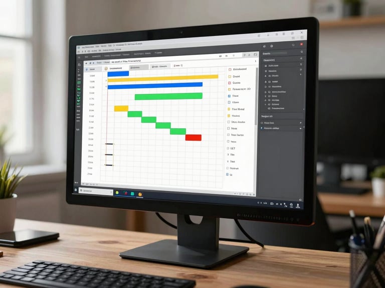 A clean, modern workspace dashboard displayed on a physical monitor, showing structured workflow charts and real-time operational data, natural side lighting.