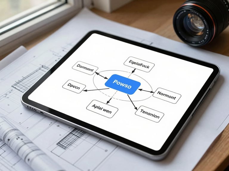 A clean digital workflow diagram displayed on a modern tablet computer resting next to physical blueprint sheets, captured in sharp focus with natural morning window light.