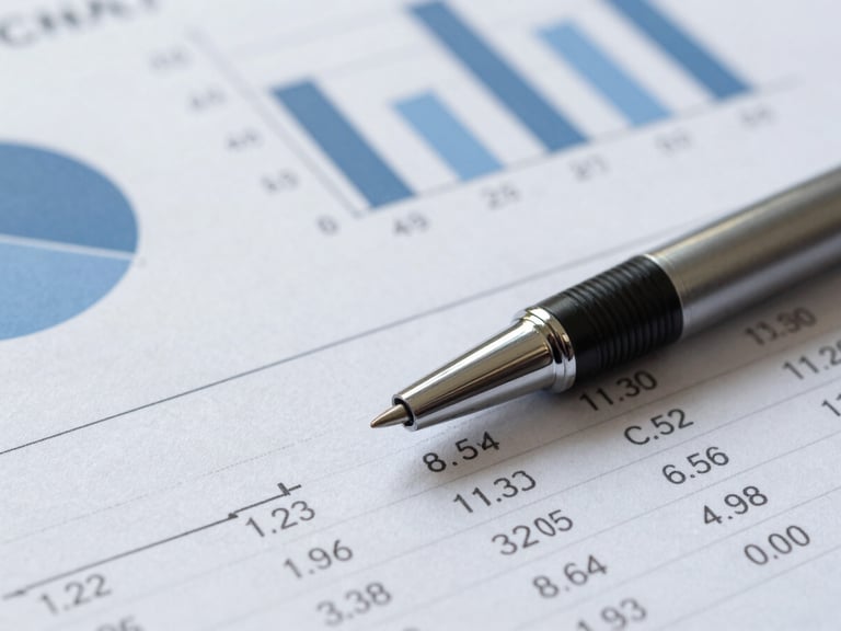 Macro shot of financial documents with clean charts and numbers, a sleek pen resting on the page, cool diffused daylight, high clarity.