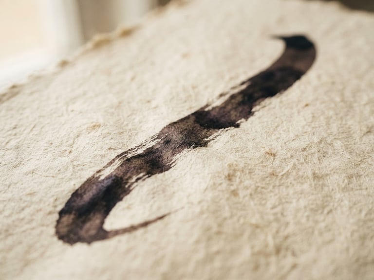 A close-up macro shot of heavy, textured parchment paper with a single stroke of dark ink, soft diffused window light, shallow depth of field, warm editorial tone.