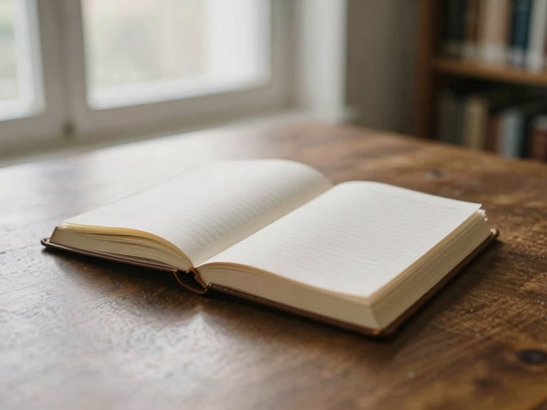 An open leather-bound journal on a dark wooden table in a quiet library, soft morning light, shallow depth of field, warm editorial tone.