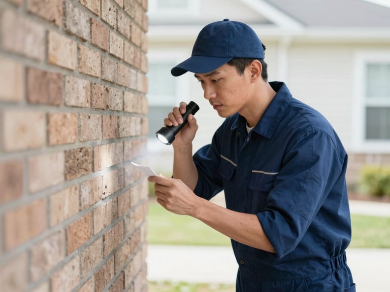 A professional pest control technician in a neat navy uniform inspecting a clean residential brick foundation with a flashlight in bright natural daylight, high-trust clinical-modern style, 35mm