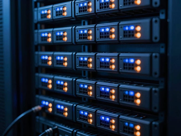 Extreme close-up of a clean structured cabling rack, perfect blue and orange LED status lights, dark high-tech server room, macro detail, 50mm lens